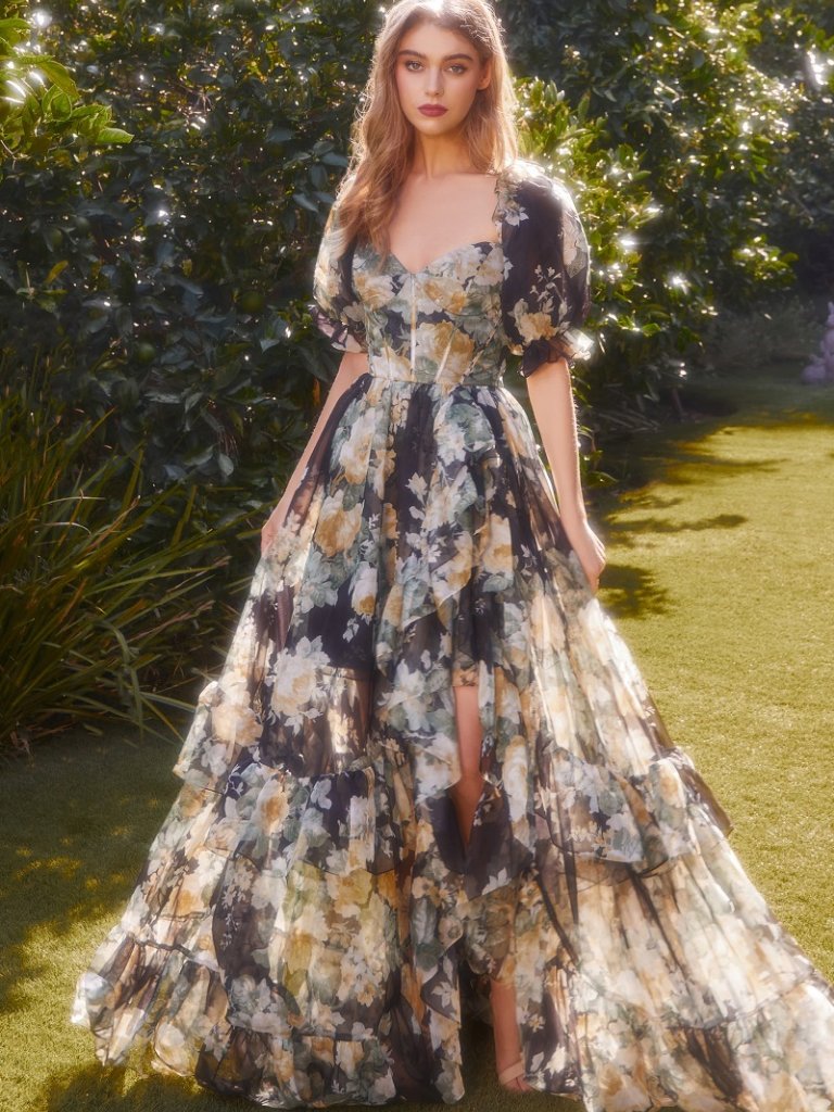 New A-Line Formal High-Low Dress With Short Puff Sleeves & Floral Print Cd A1336